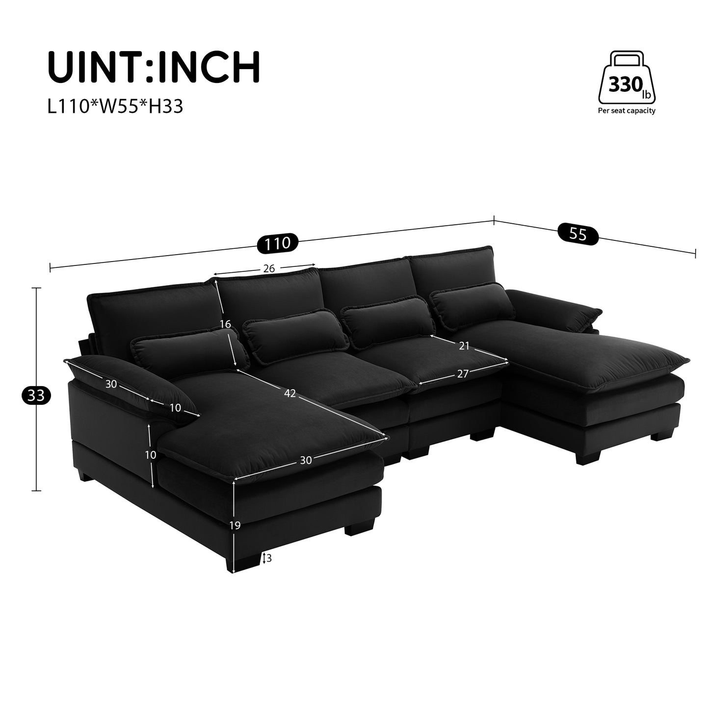 [SantaChoice] 110*55" Modern U-shaped Sectional Sofa with Waist Pillows,6-seat Upholstered Symmetrical Sofa Furniture,Sleeper Sofa Couch with Chaise Lounge for Living Room,Apartment,5 Colours