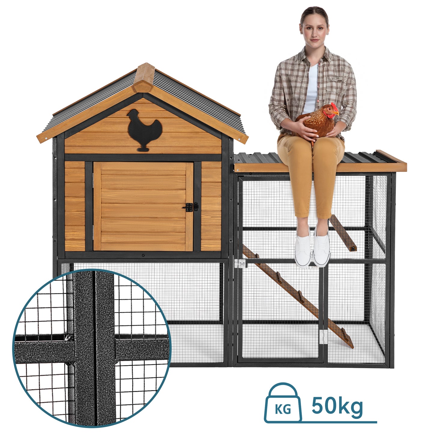 Durable Wood and Iron Chicken Coop with Runway and Waterproof Roof, Suitable for 5-7 Chickens, Built-in Nesting Box