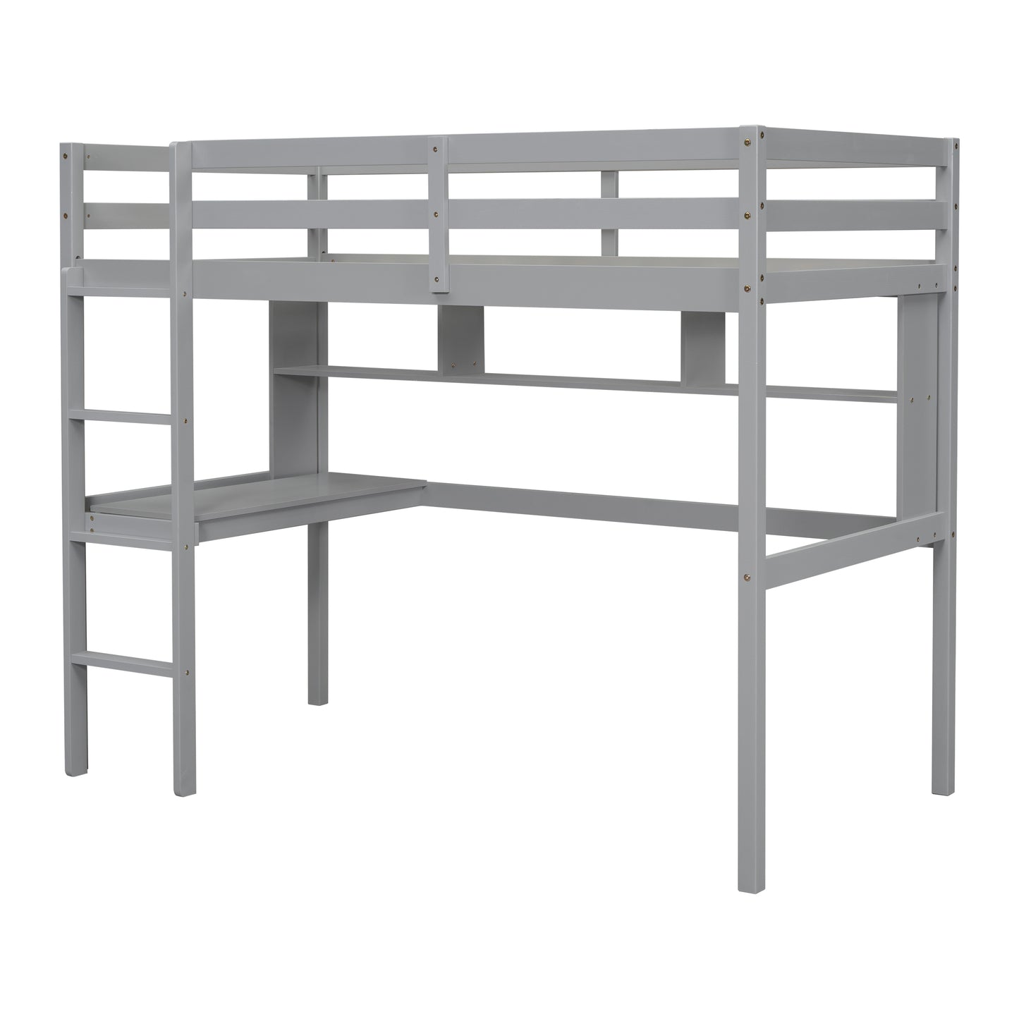 [SantaChoice] Twin Size Loft Bed with desk and shelves, Safety Guardrail and ladder,Grey