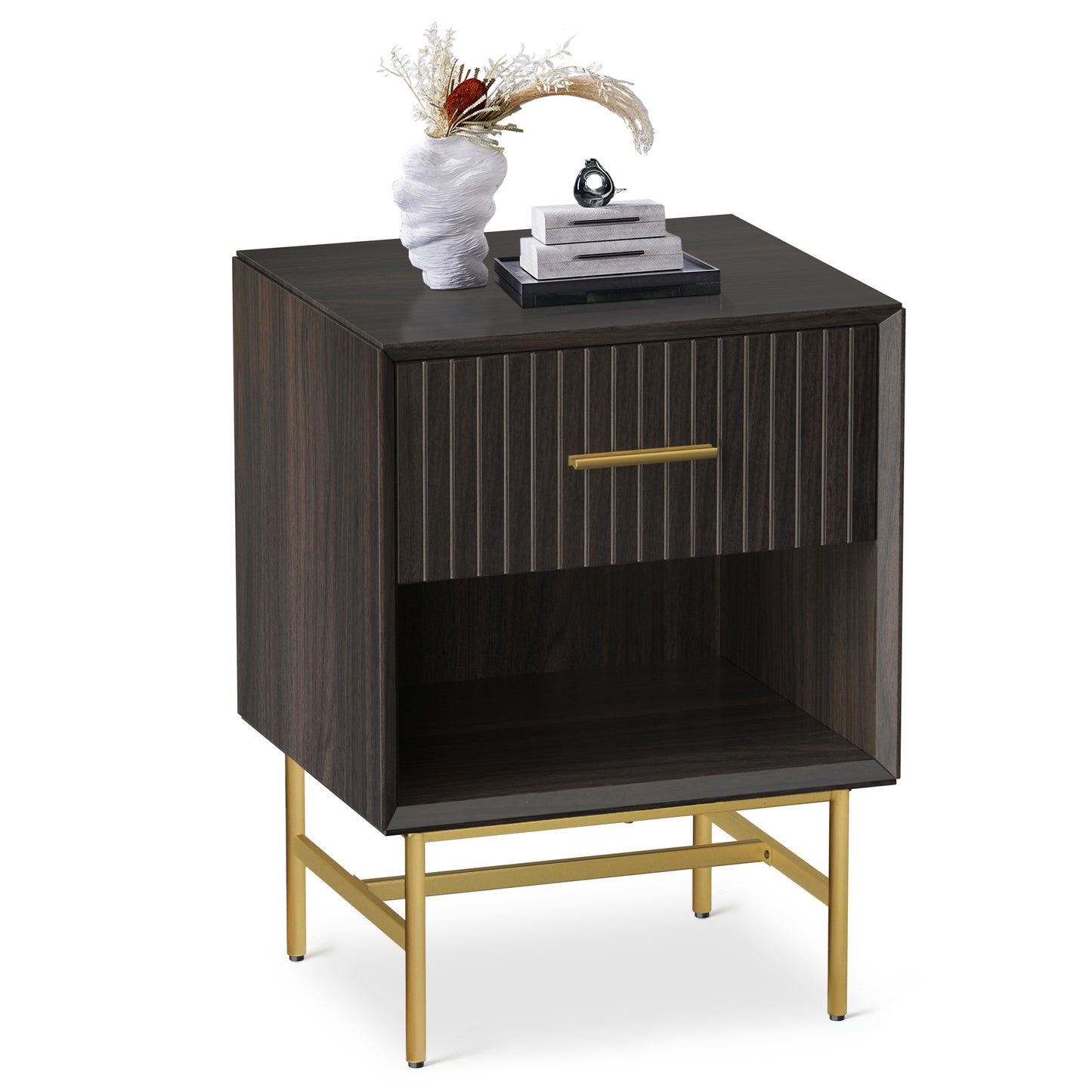 Nightstand, Modern Grooved Stripes Bed Side Table with a Drawer,Wood End Table with Golden Metal Handle and Metal Legs-1 Pieces