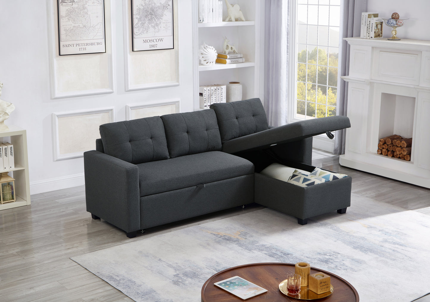 [SantaChoice] Upholstered Pull Out Sectional Sofa with Storage Chaise, Convertible Corner Couch, Dark Grey