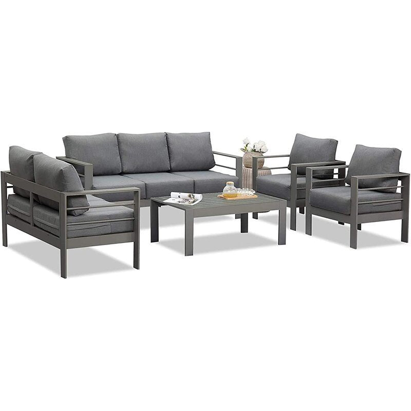 5 Pieces Outdoor All-Weather Conversation Set, Sectional Sofa, Aluminum  Couch  - Dark Gray Cushions