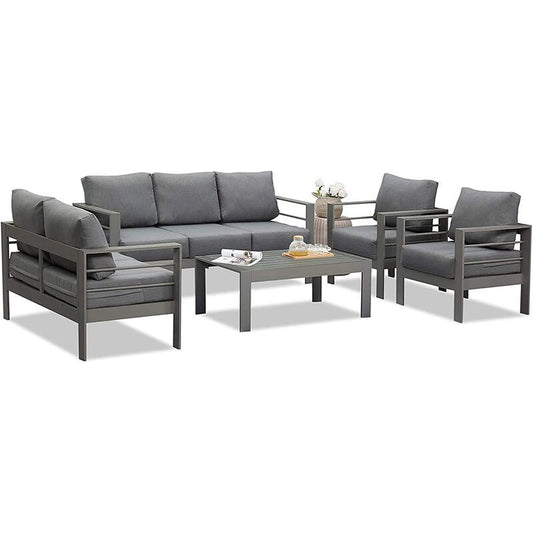 5 Pieces Outdoor All-Weather Conversation Set, Sectional Sofa, Aluminum  Couch  - Dark Gray Cushions