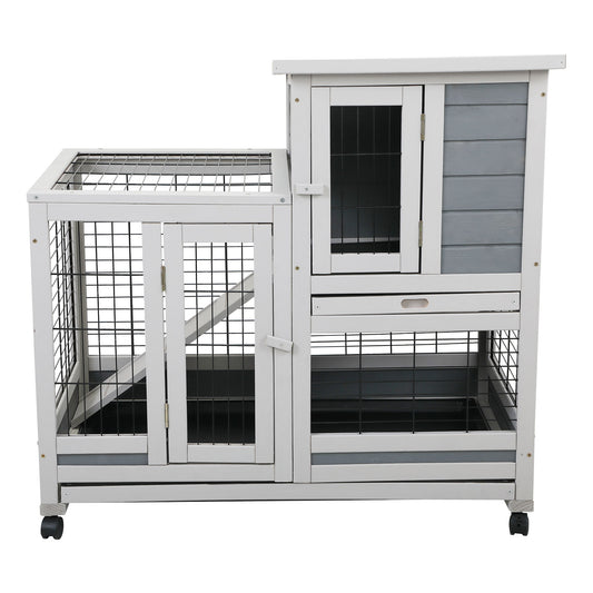 Wooden Rabbit Hutch, Outdoor Pet Bunny House Wooden Cage with Ventilation Gridding Fence, Openable Door, Cleaning Tray, Gray