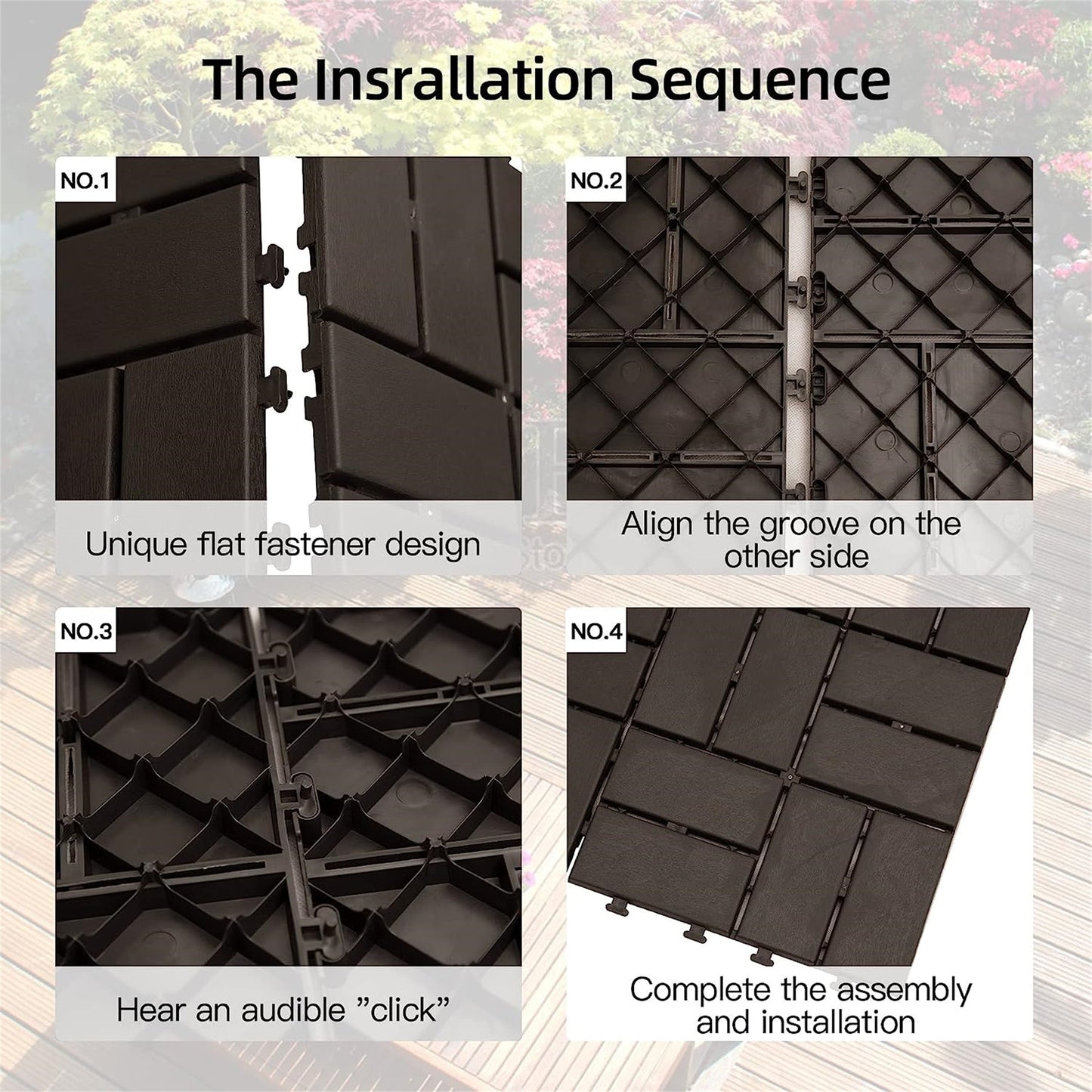 Patio Interlocking Deck Tiles, 12"x12" Square Composite Decking Tiles, Four Slat Plastic Outdoor Flooring Tile All Weather for Balcony Porch Backyard, (Brown, Pack of 36)