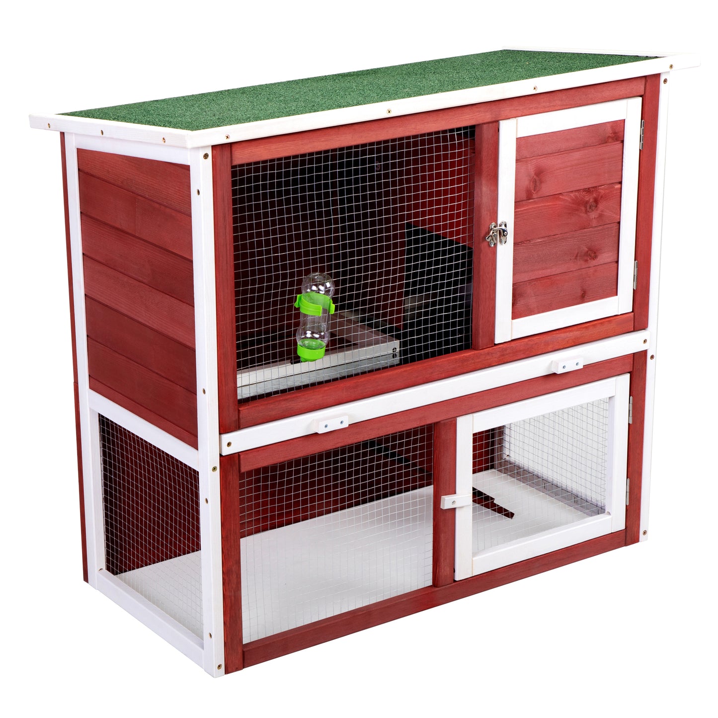 Wood Rabbit Hutch, Pet Playpen with 2 Stories, Ramp, Doors, Pull-out Tray, Water Bottle, Outdoor Enclosure for Small Animals Bunnies, Red and White