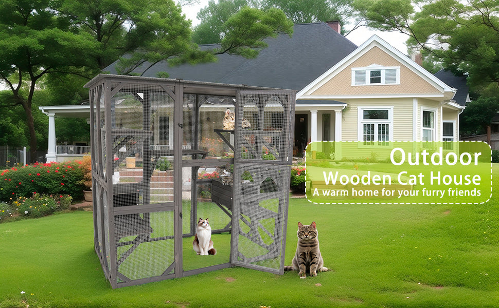 Catio Outdoor Cat Enclosure Cat Catio Cat House, Cat Cage Condo Indoor Playpen Kitty House Shelter with Multi Platforms, Waterproof Roof, Pull-Out Tray (71.3" L x 38.4" W x 70.7" H)