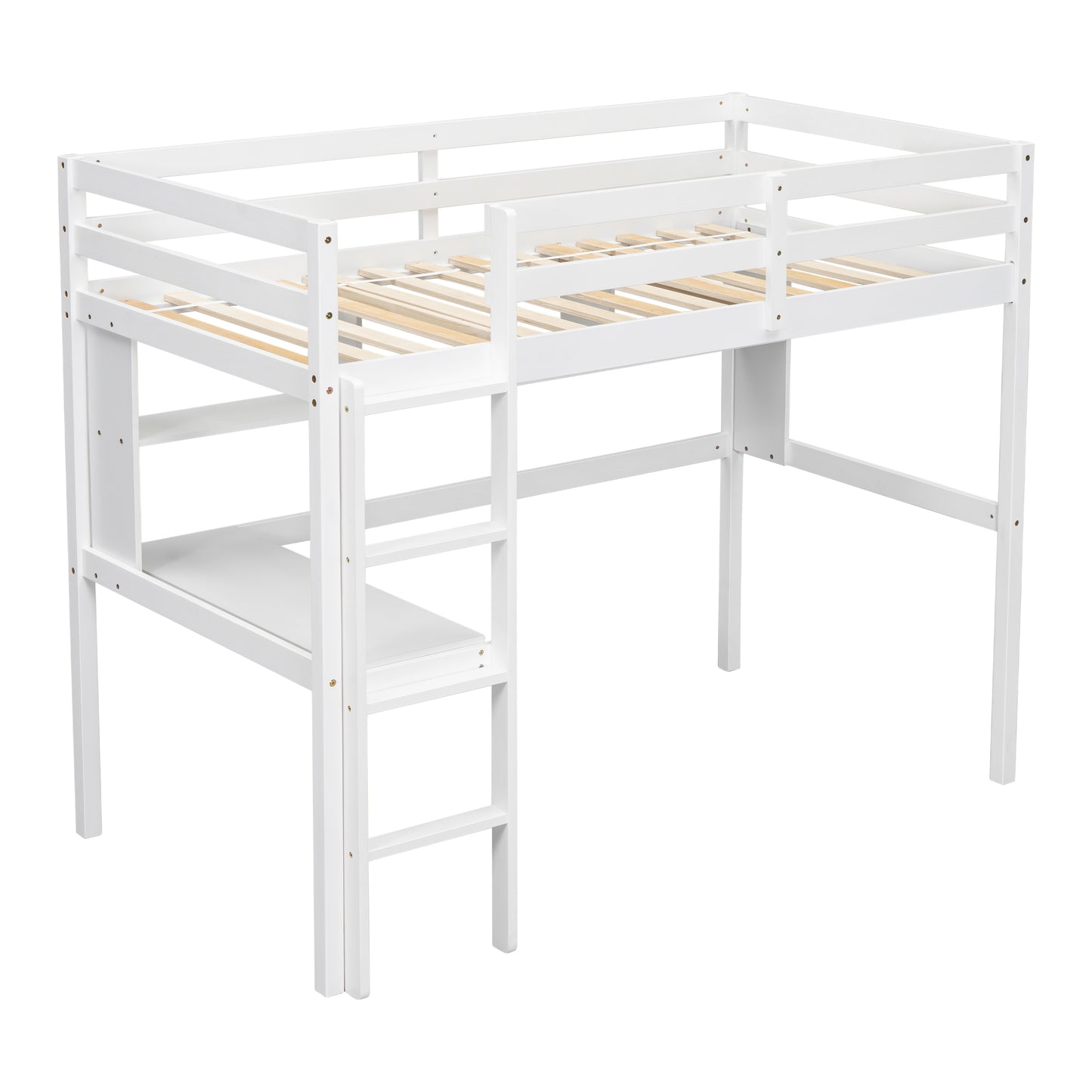 Twin Size Loft Bed with desk and shelves, Safety Guardrail and ladder,White