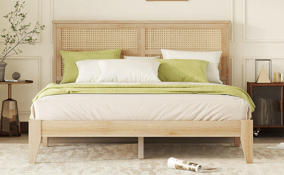 Queen Size Rubber Wooden, Solid Wooden Bed with Rattan Headboard, Enhanced by Support Feet,Oak White