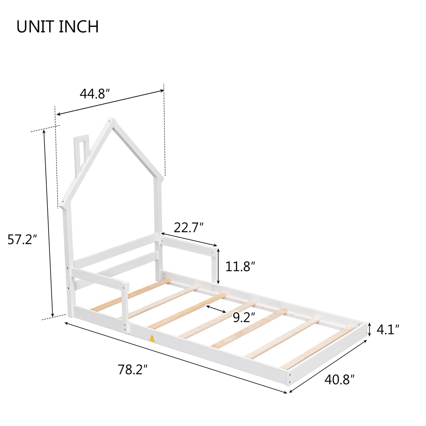 Twin House-Shaped Headboard Floor Bed with Handrails ,slats,White