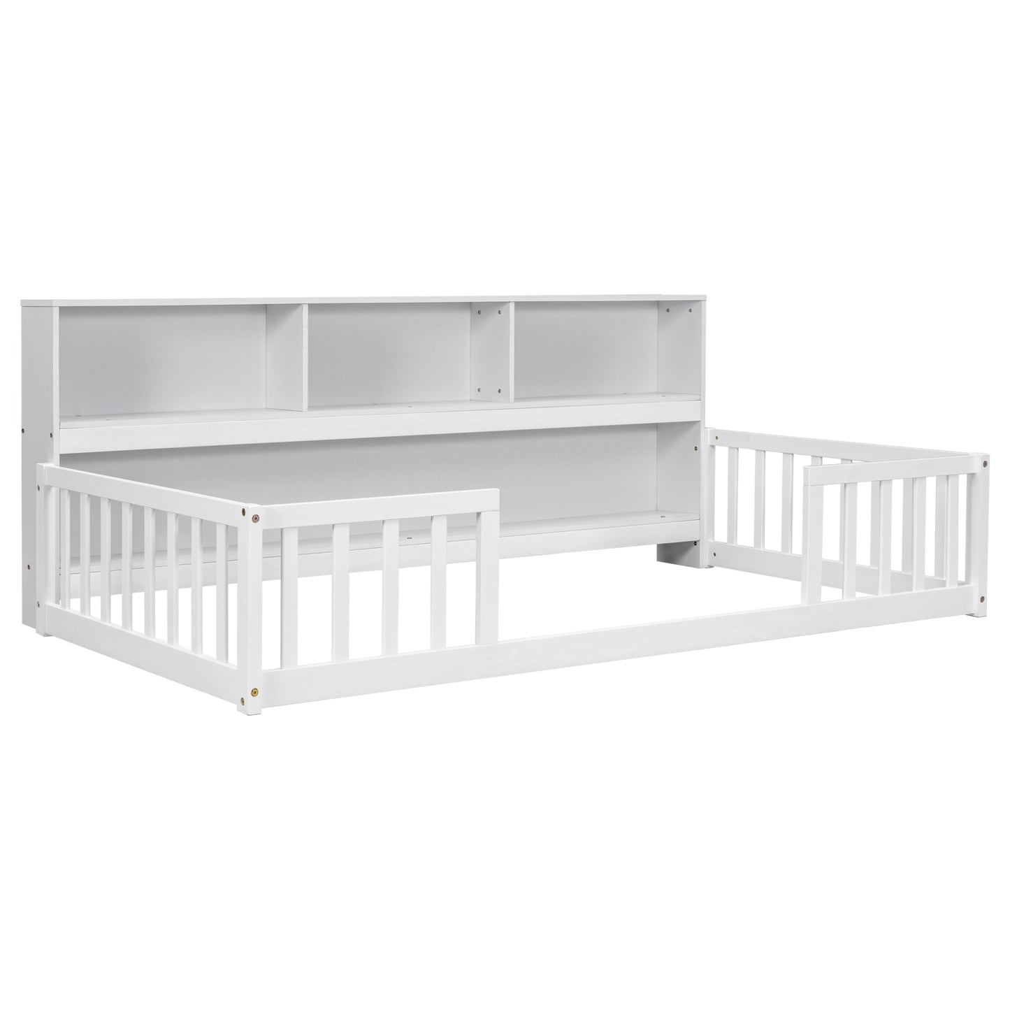 Twin Floor Bed with  Bedside Bookcase,Shelves,Guardrails,White