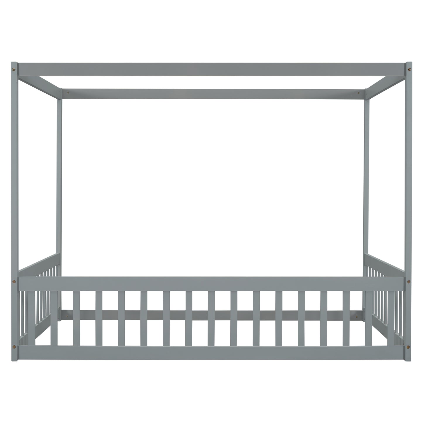 Full Size Canopy Frame Floor Bed with Fence, Guardrails,Grey