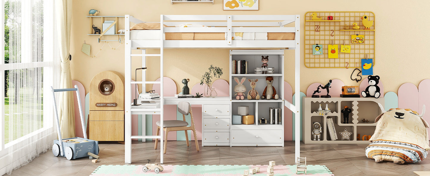 Full Size Loft Wood Bed with Desk, Storage shelves and Drawers, Built-in Ladder, High Loft Bed with Desk, Storage Shelves and Drawers,Guardrails,White