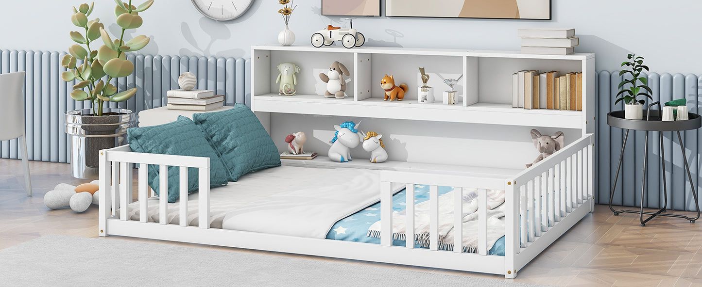 Full Floor Bed with Side Bookcase,Shelves,Guardrails,White