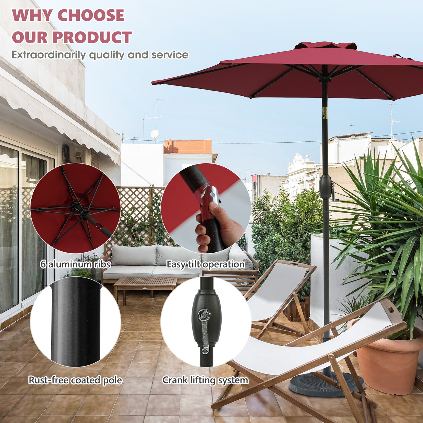 7.5ft * 7.5ft Patio Umbrella with Crank and Push Button Tilt, Outdoor Table Market Umbrella with Aluminum Pole - Red