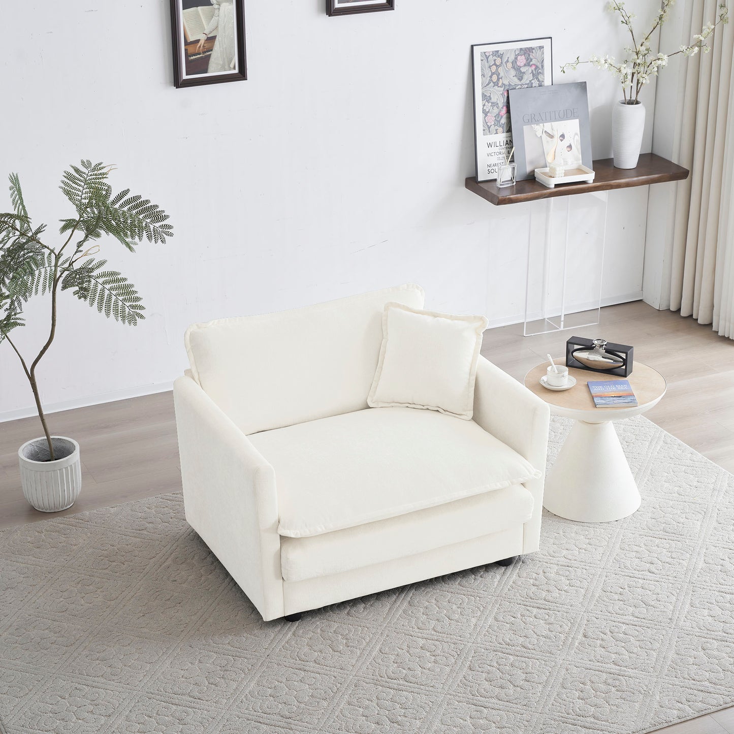 [SantaChoice] Comfy Deep Single Seat Sofa Upholstered Reading Armchair Living Room Chair White Chenille Fabric , 1 Toss Pillow