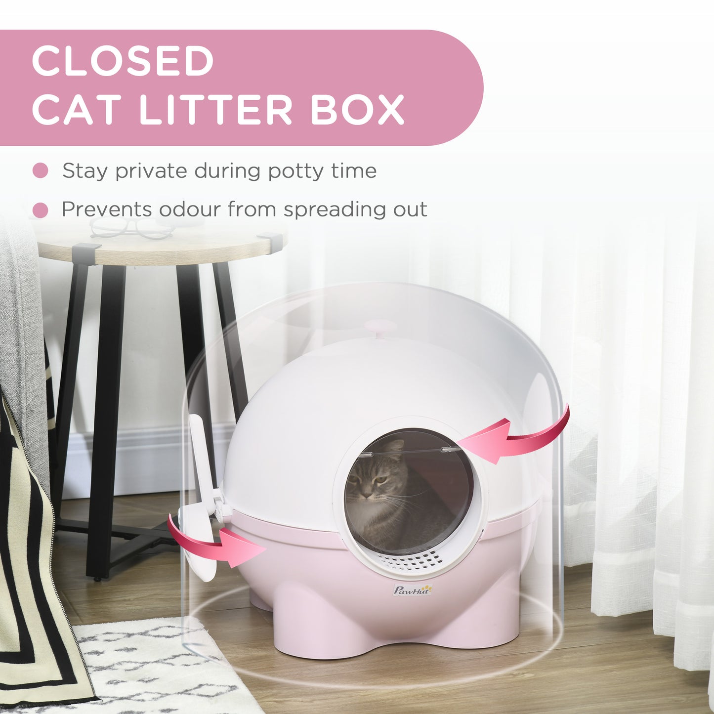 PawHut Hooded Cat Litter Box, Large Kitty Litter Pan with Lid, Scoop, Leaking Sand Pedal, Top Handle, Light Pink