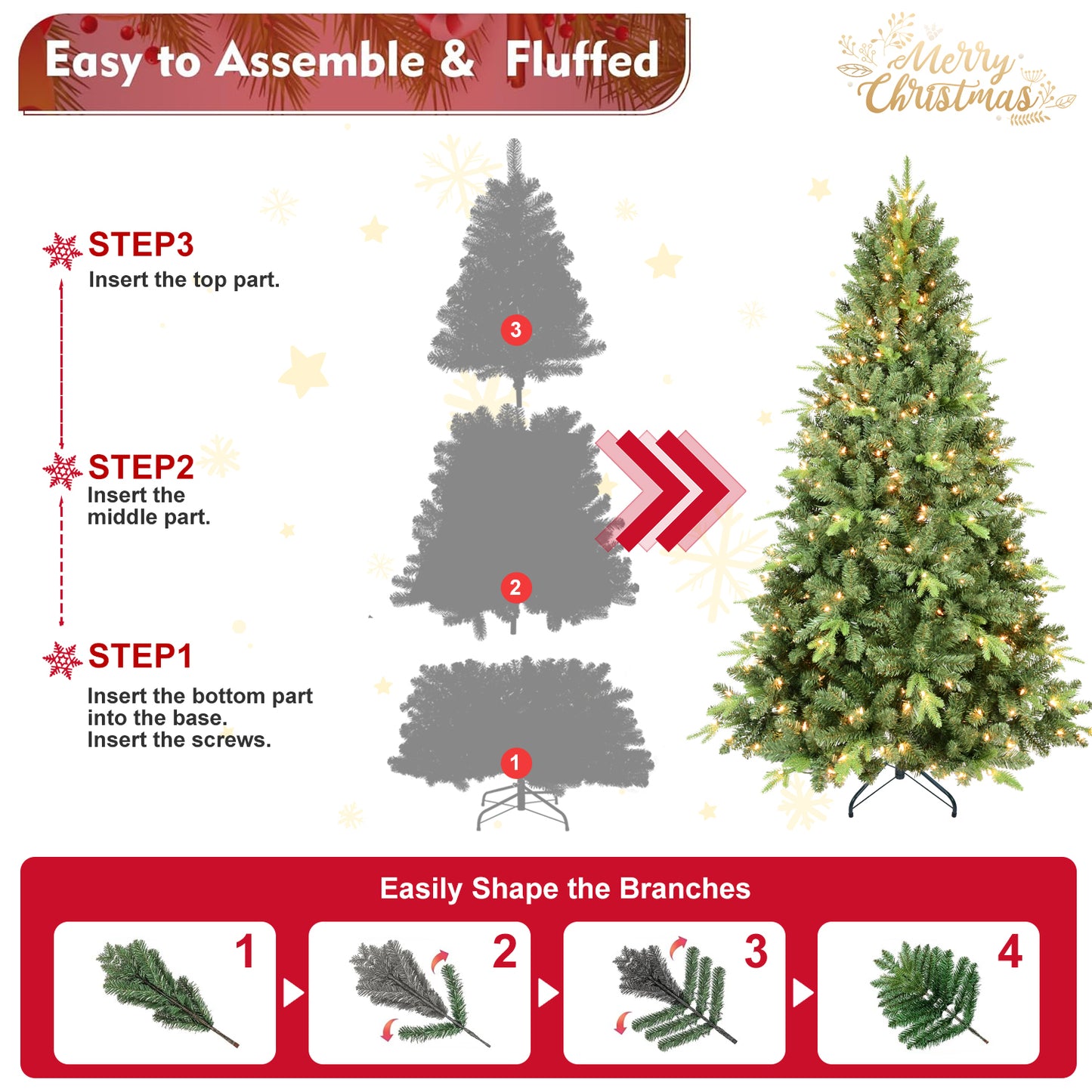 9FT Artificial Christmas Tree with 3509 PE&PVC Mixed Branch Tips, Prelit Hinged Premium Spruce Fake Xmas Trees, Hinged Branch & Foldable Base, Green