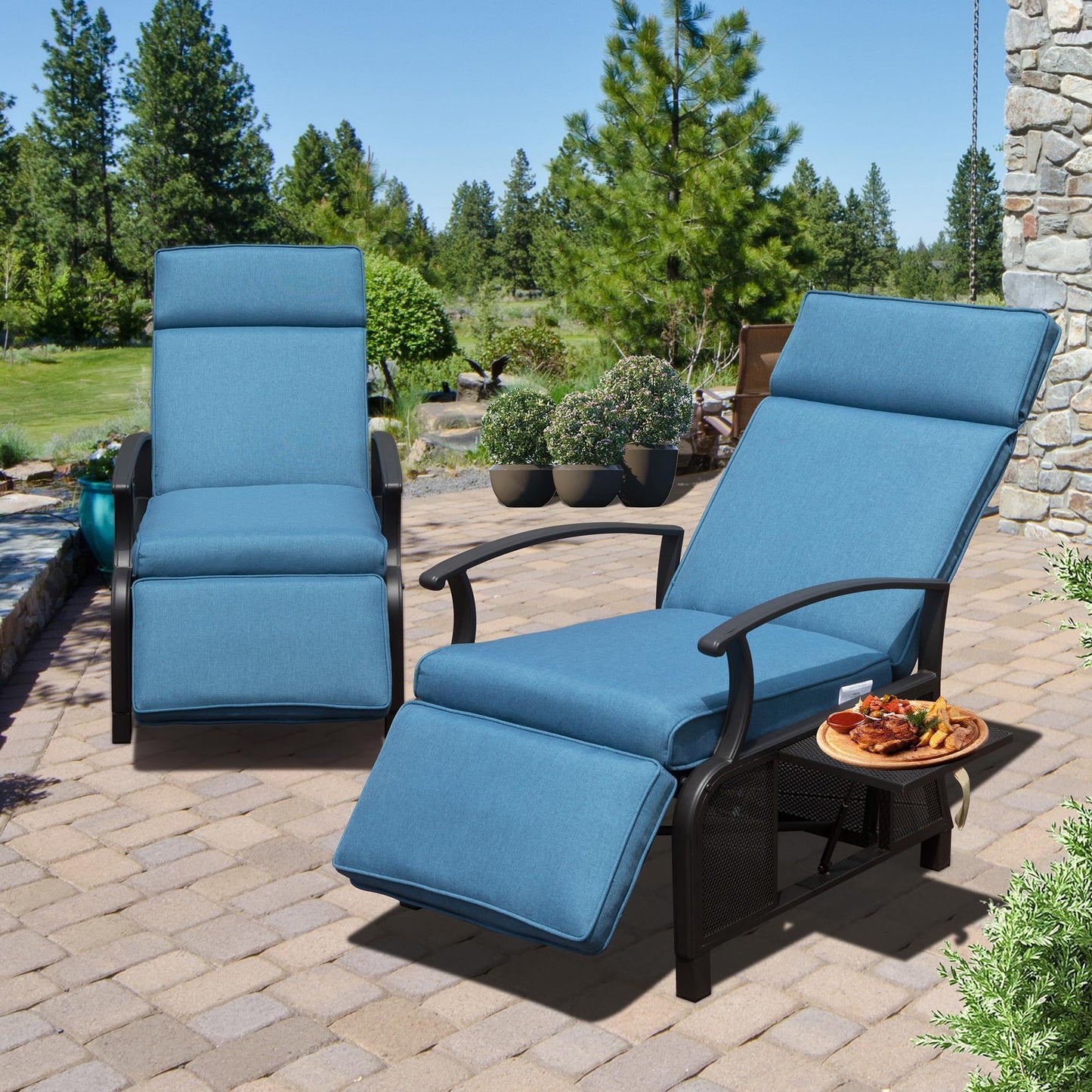 Adjustable Patio Recliner Chair Metal Outdoor Lounge Chair with Flip Table Push Back, Adjustable Angle, 6.8'' Removable Cushions, Support 350lbs, Navy Blue