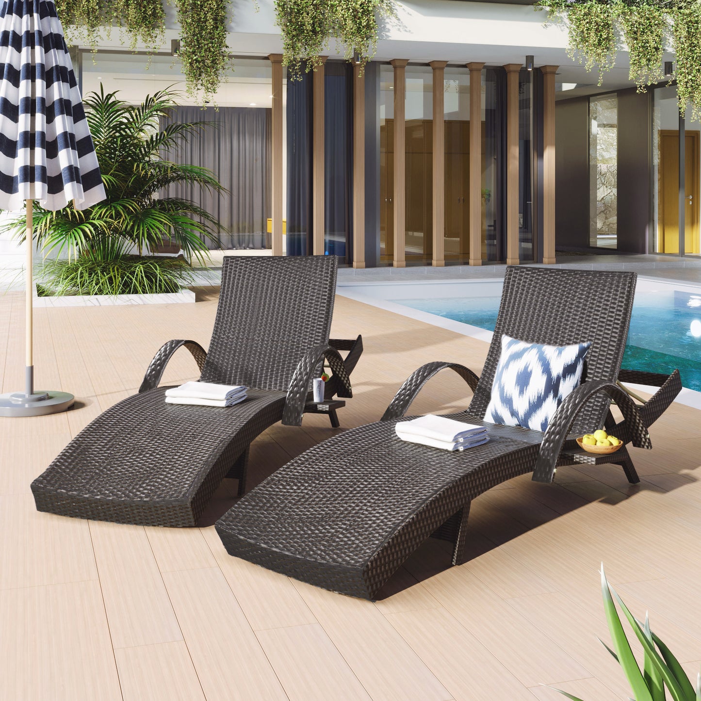 K&K 80'' Outdoor Wicker Chaise Lounge Chairs Set of 2, Patio Rattan Reclining Chair Pull-out Side Table Adjustable Backrest Ergonomic Wave Design Pool Sunbathing Recliners, Dark Brown