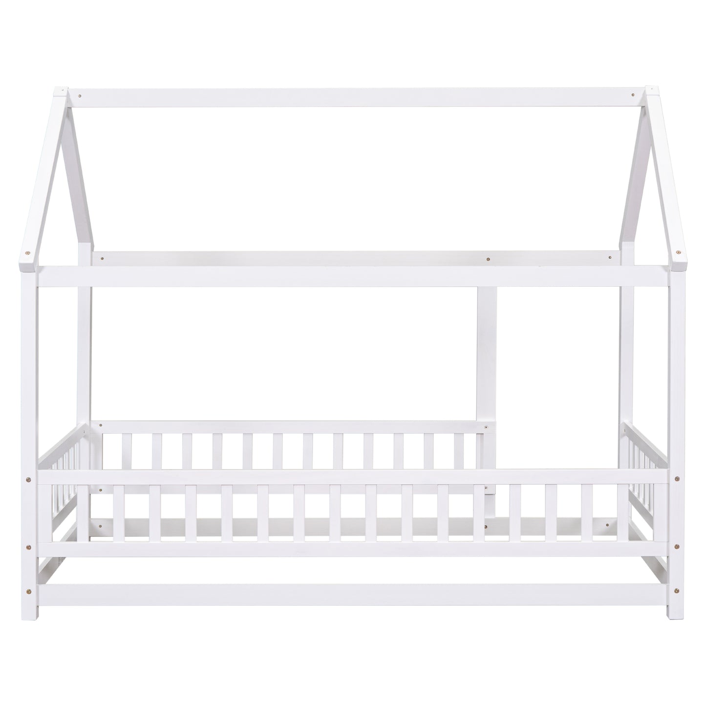 Twin Size Floor Wooden Bed with House Roof Frame, Fence Guardrails,White(Old SKU:W50471472)