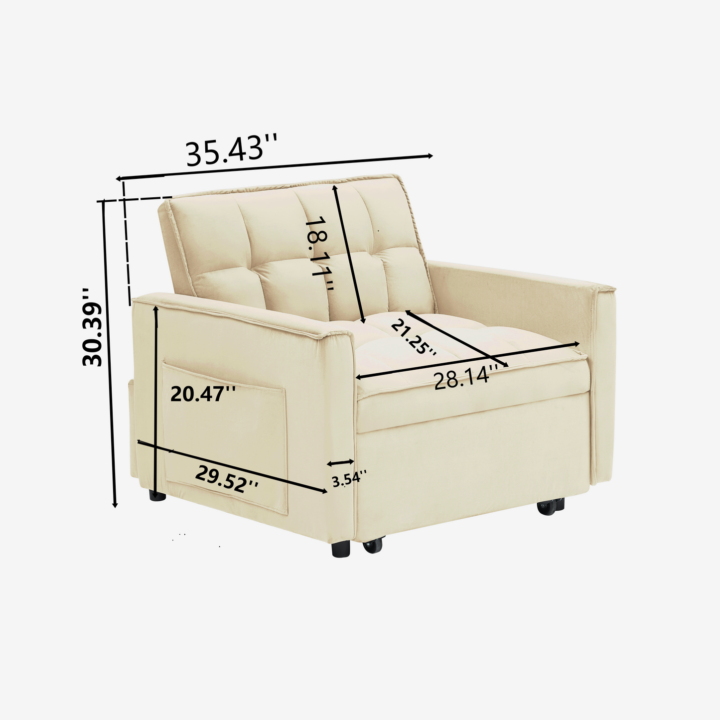 [SantaChoice] Sofa bed chair 3 in 1 convertible, recliner, single recliner, suitable for small Spaces with adjustable back black creamy white