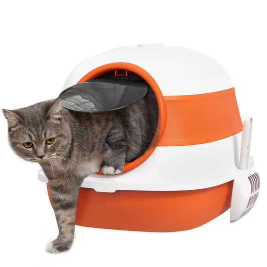 PawHut Cat Litter Box with Lid, Covered Litter Box w/ High Sides, Air Freshener, Large Two-Way Entrance Kitty Litter Box, Foldable, Easy Clean, Orange, and Black