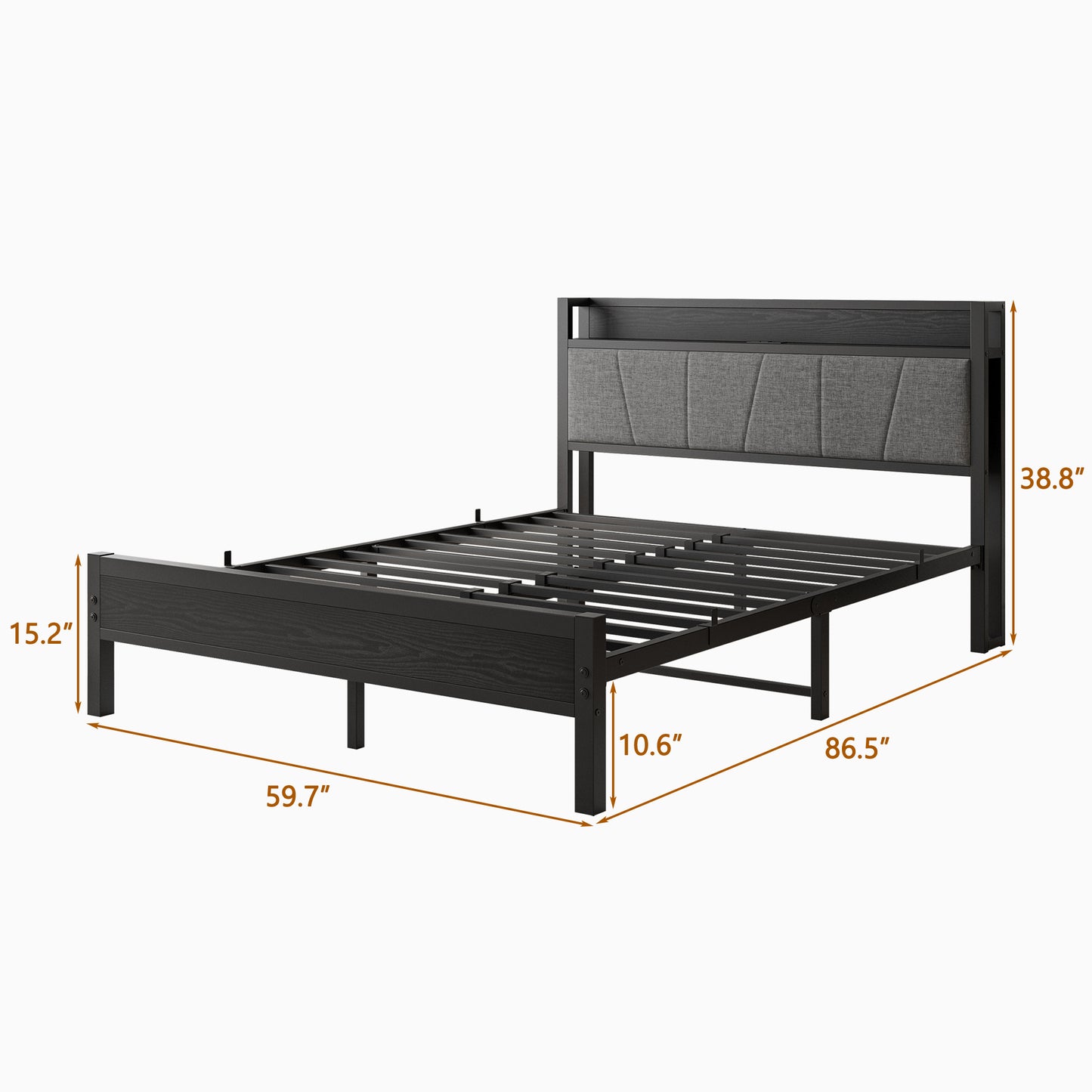 Queen Size Bed Frame, Storage Headboard with Charging Station, Solid and Stable, Noise Free, No Box Spring Needed, Easy Assembly