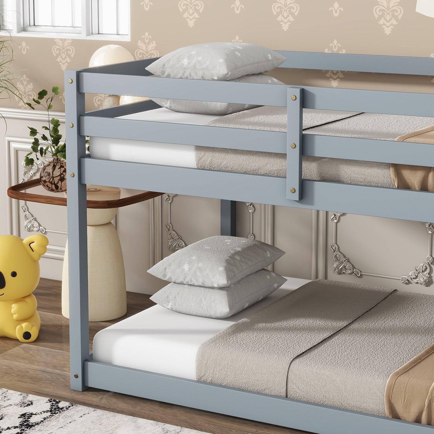 Solid Wooden, Solid Rubber Wooden Twin over Twin Loft Bed with Ladder, with Bed Platform of Strengthened Slats , Grey