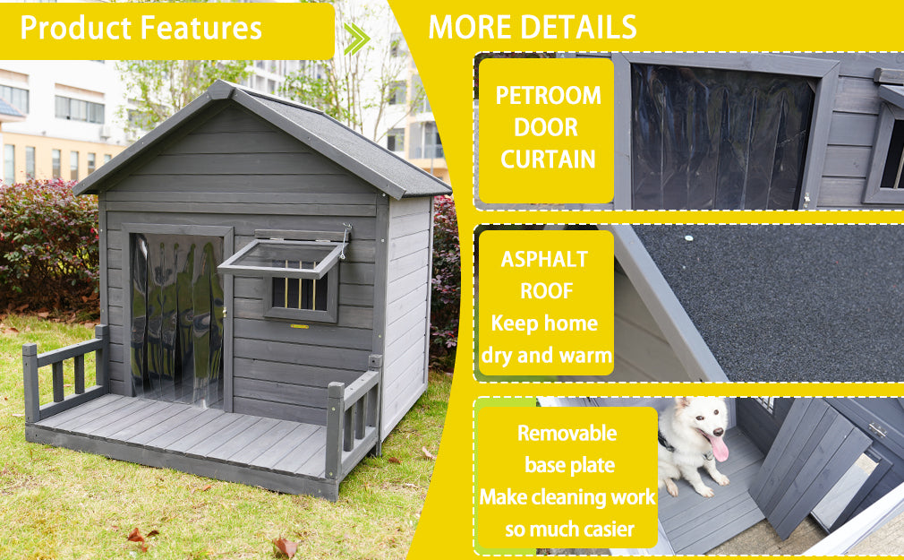 Large dog house, 44.2" long x 44.6" wide x 44.6" high solid wood asphalt roof dog house for large dogs with large terrace, weatherproof large dog house