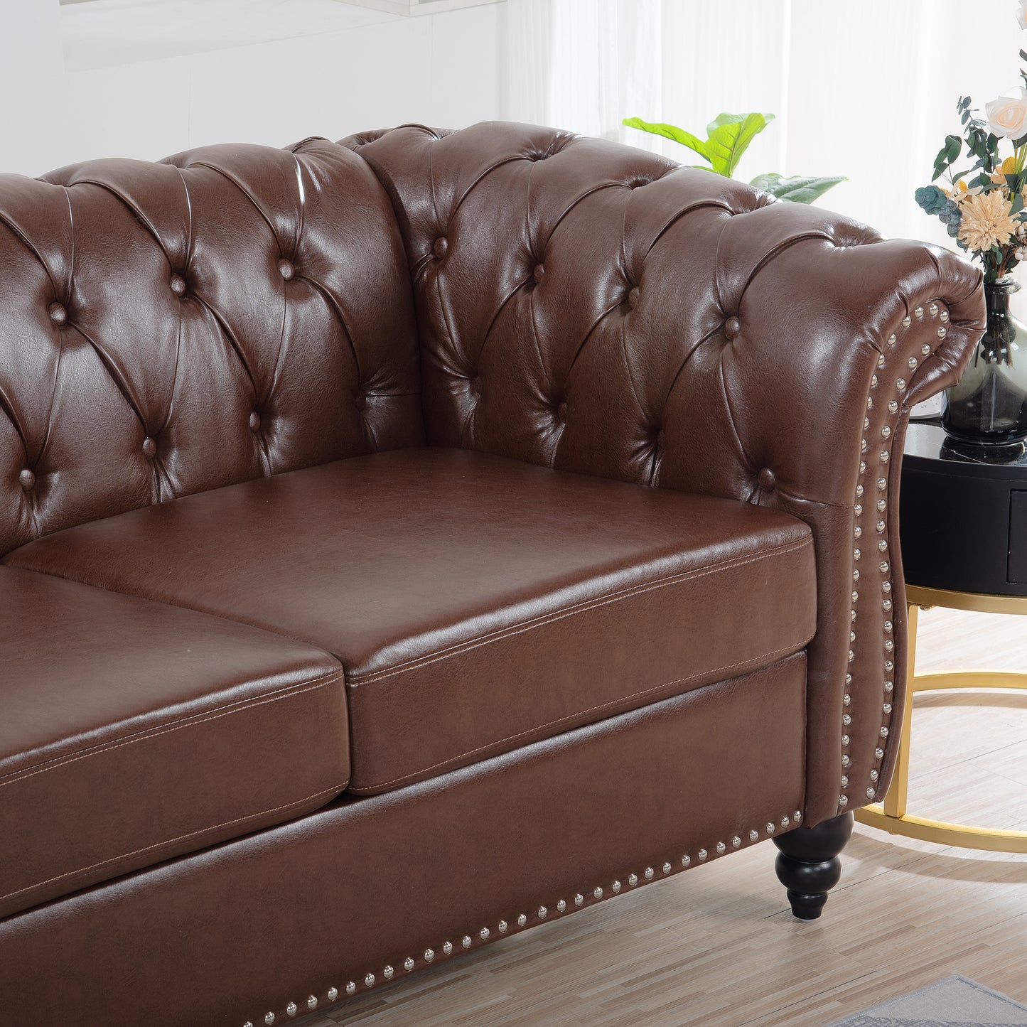 84.65" Dark Brown PU Rolled Arm Chesterfield Three Seater Sofa.