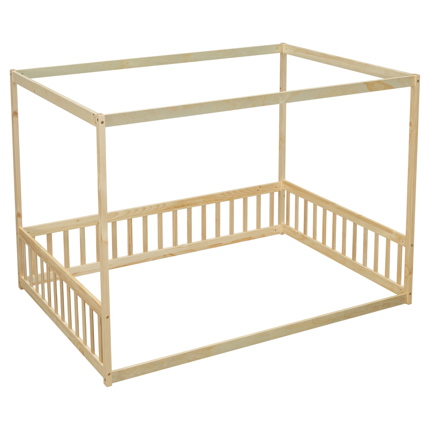 Full Size Canopy Frame Floor Bed with Fence, Guardrails,Natural