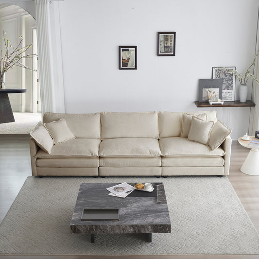 [SantaChoice] Mid-Century Modern Couch 3-Seater Sofa with 2 Armrest Pillows and 3 Toss Pillows, Couch for Living Room Beige Chenille