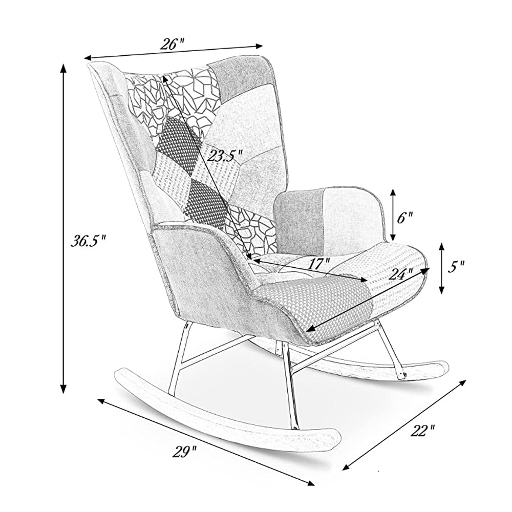 Rocking Chair, Mid Century Fabric Rocker Chair with Wood Legs and Patchwork Linen for Livingroom Bedroom