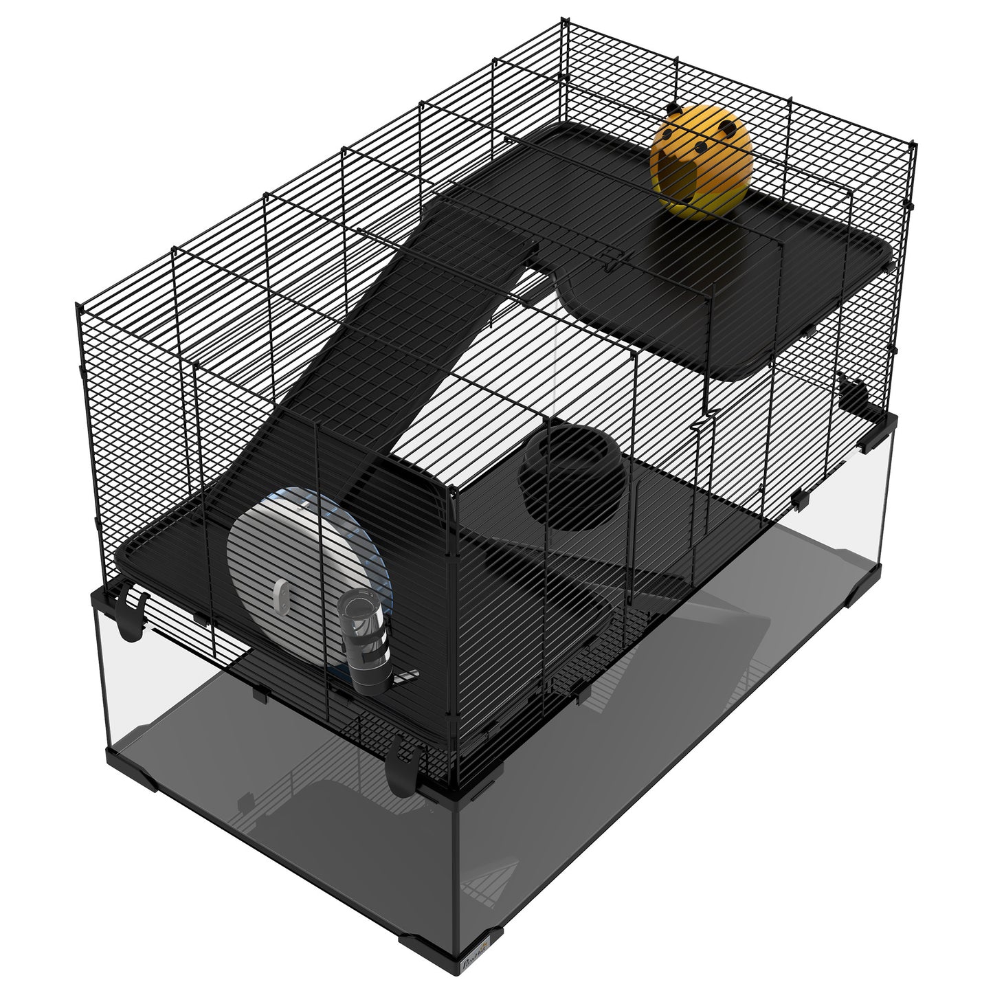 PawHut Hamster Cage, 31" Gerbil Cage with Glass Basin, Ramps, Platforms, Hut, Exercise Wheel, for Small Hamsters, Black