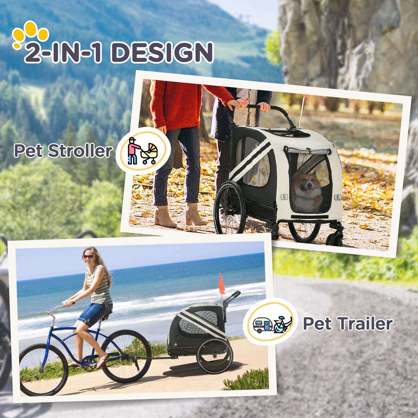 Aosom 2-in-1 Pet Bike Trailer for Small Dogs, Road-Visibility Bicycle Stroller, Weather-Strong Bike Wagon Trailer Sidecar Attachment, White