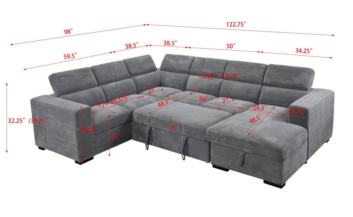 [SantaChoice] 123" Oversized Modern U-Shaped 7-seat Sectional Sofa Couch with Adjustable Headrest, Sofa Bed with Storage Chaise,Pull Out Couch Bed for Living Room ,Dark Gray