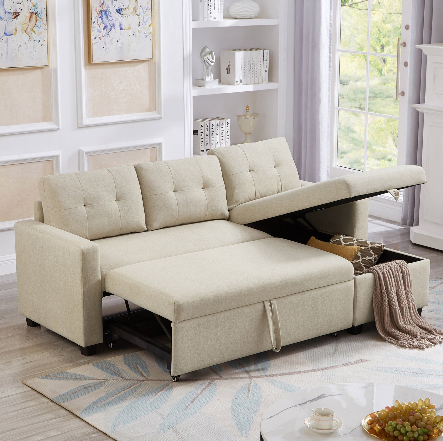 [SantaChoice] Upholstered Pull Out Sectional Sofa with Storage Chaise, Convertible Corner Couch, Beige