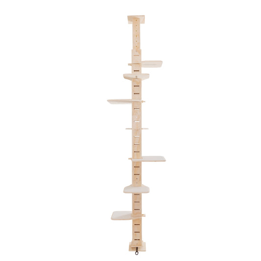 9' Adjustable Height Floor-to-Ceiling Cat Tree, Multi-Level Cat Vertical Cat Condo, Cat Climbing Frame Activity Center with Perching Shelves for Indoor Cats, Natural