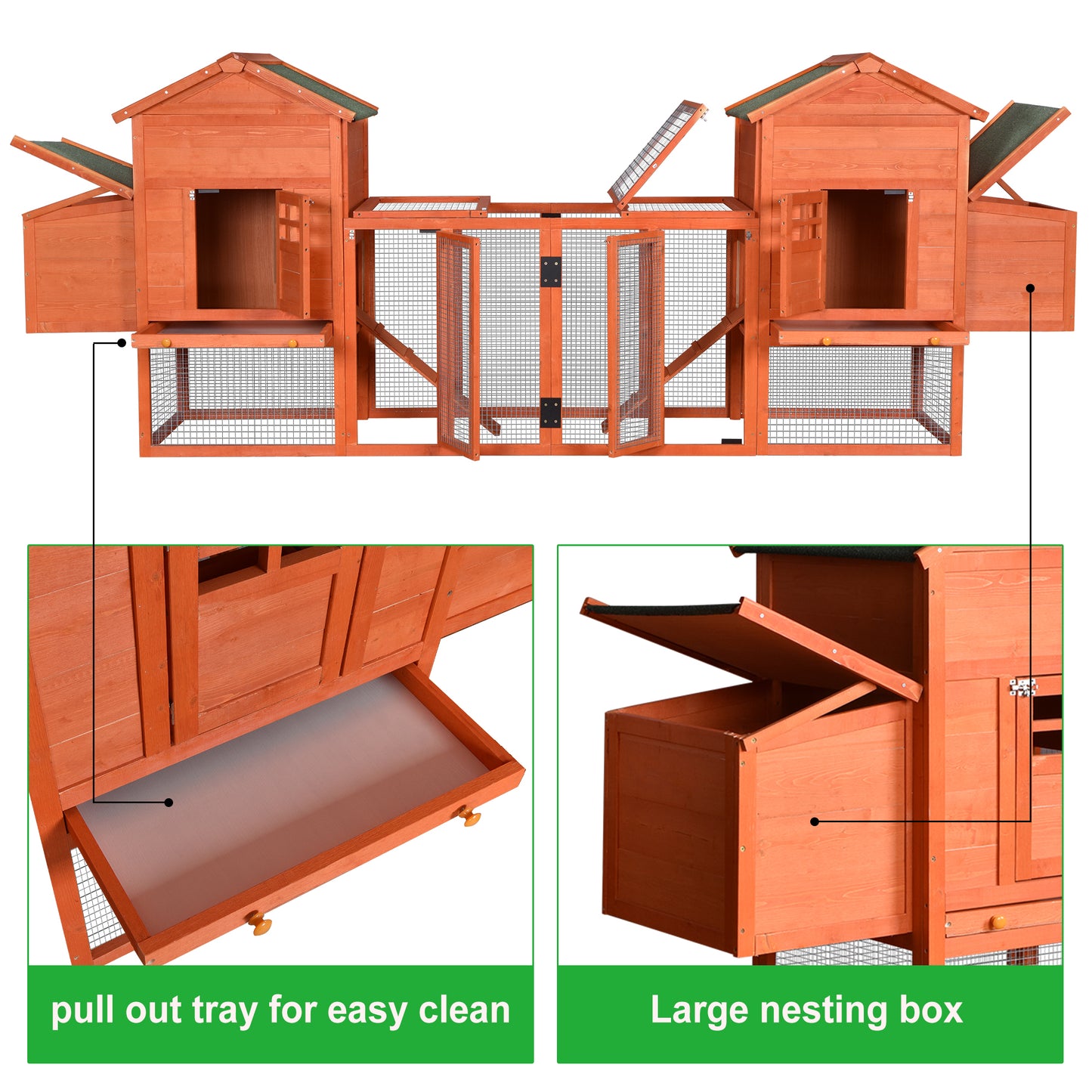 Outdoor Wooden Chicken Coop, 124" Large Hen Cage Rabbit House, Bunny Hutch with Ventilation Door, Removable Ramp Garden Backyard Pet House Chicken Nesting Box