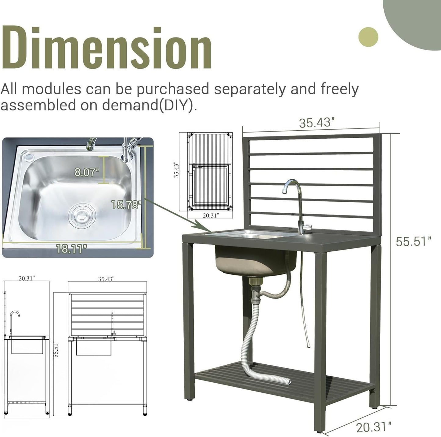 Outdoor Kitchen Island with Storage, Aluminum Kitchen Storage Island Stainless Steel Outdoor Sink w/Faucet & Drainboard, Freestanding Storage Shelves with Protective Cover Indoor Outdoor