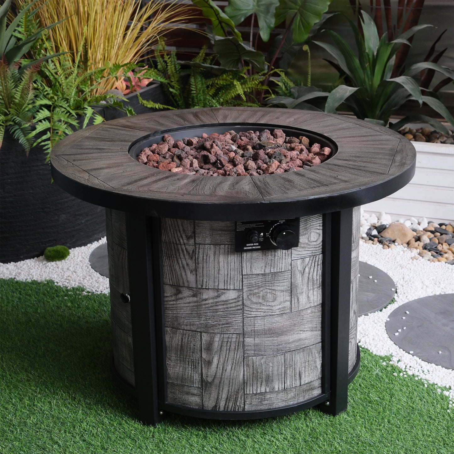 Outdoor Propane Fire Pit, Square Stonecrest Gas Fire Pit for Outside Patio, Concrete Propane Fire Table 50,000 BTU Gas Fire Pit w Lava Rocks, Waterproof Cover