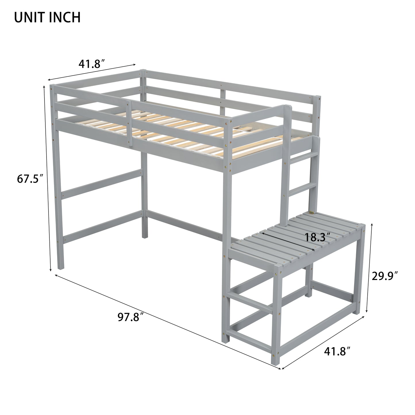 Twin Size High Loft Bed with Ladder landing Platform, Ladders, Guardrails,Grey