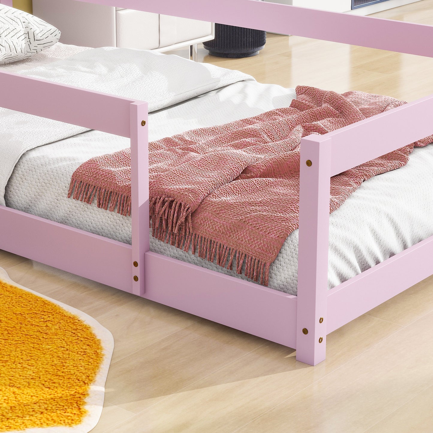 Twin Size Wood bed with House-shaped Headboard Floor bed with Fences,Pink