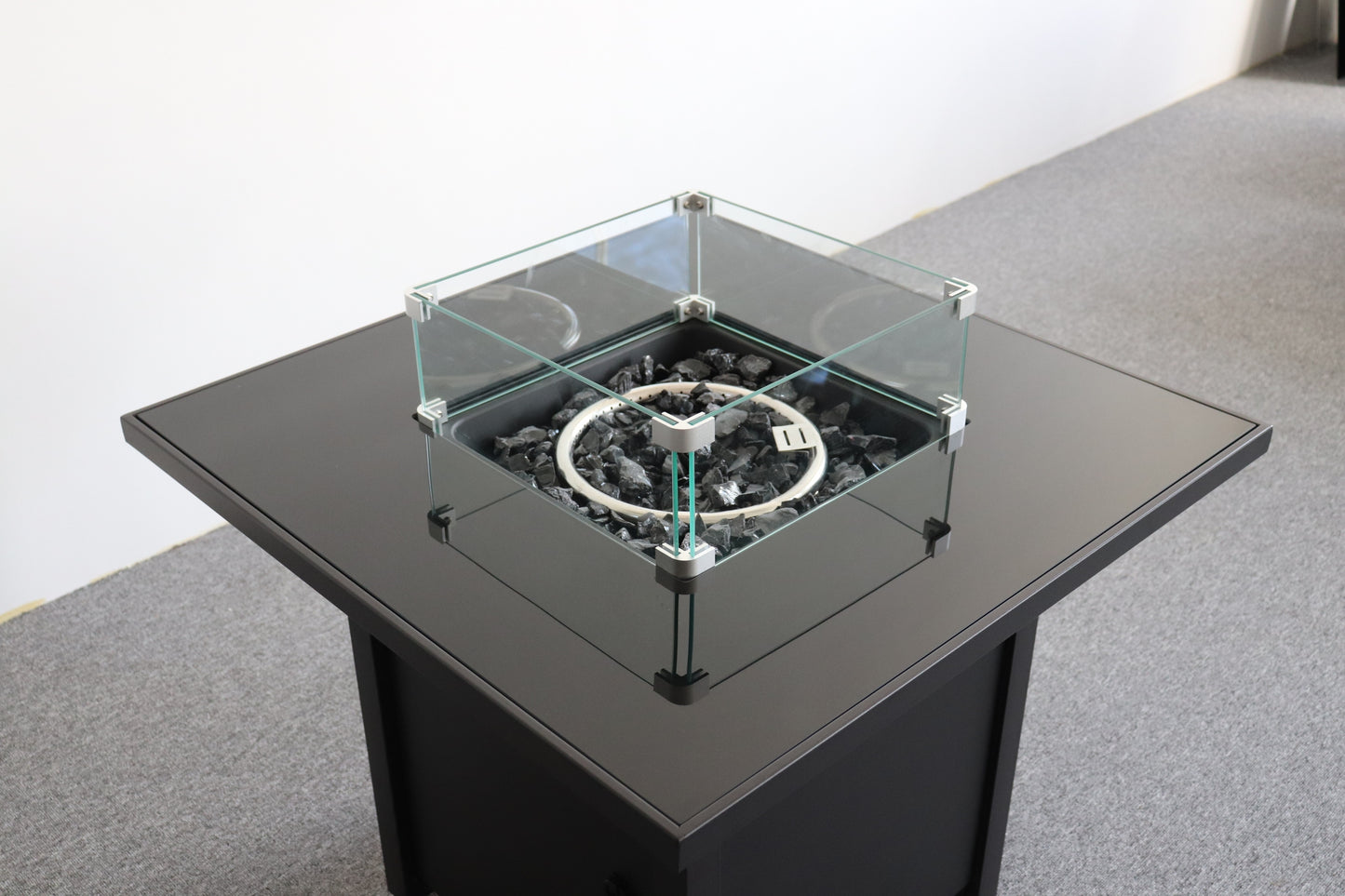 30 Black Powdercoated Metal Fire Pit With Smoked Glass Top