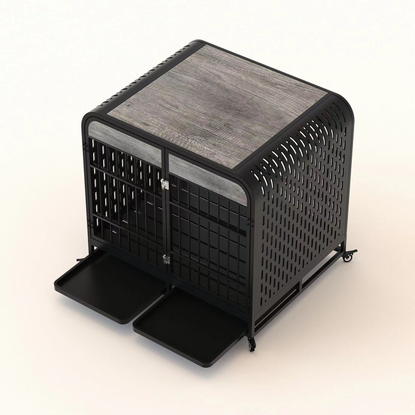 Heavy Duty Dog Crate Furniture Wooden Table Pet Dog Cage Kennel House Indoor Side End Table Decor with Removable Trays and Lockable Wheels for Medium and Large Dogs 42" Grey