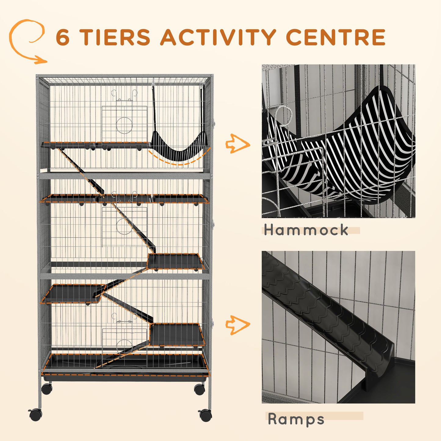 PawHut 63" 6-Tier Small Animal Cage, Ferret Cage, Large Chinchilla Cage with Hammock Accessory & Heavy-Duty Steel Wire, Small Animal Habitat with 6 Doors, Removable Tray, Gray