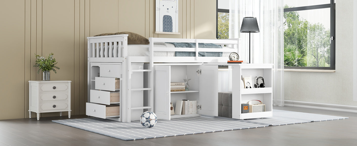 Twin Loft Bed with Storage Cabinet, Drawer and Shelf Cabinet and Pulling-Out Desk, Rubber Wood Loft Bed with Safety Guardrail, Ladder,White