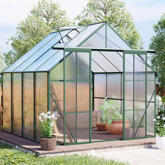 8x8 FT Double Door Polycarbonate Greenhouse Raised Base and Anchor Aluminum Heavy Duty Walk-in Greenhouses for Outdoor Backyard in All Season,Green