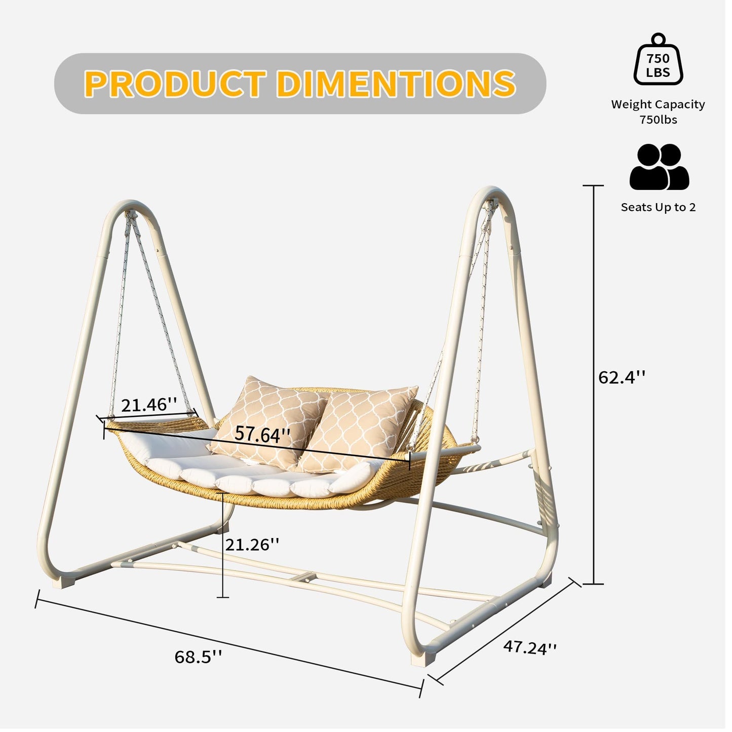 Outdoor Patio Porch Swing, 2-Seat Hanging Swing Chair with Thickened Cushions and Pillow, Rattan Porch Swing Chair Outdoor Hammock Chair for Porch, Backyard, Garden